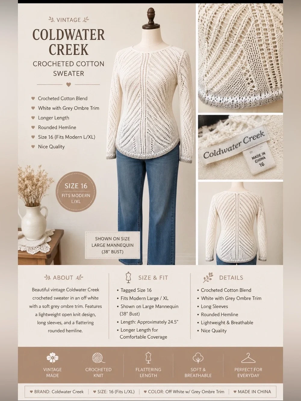 Coldwater Creek- crocheted cotton blend sweater - white w/grey ombre trim